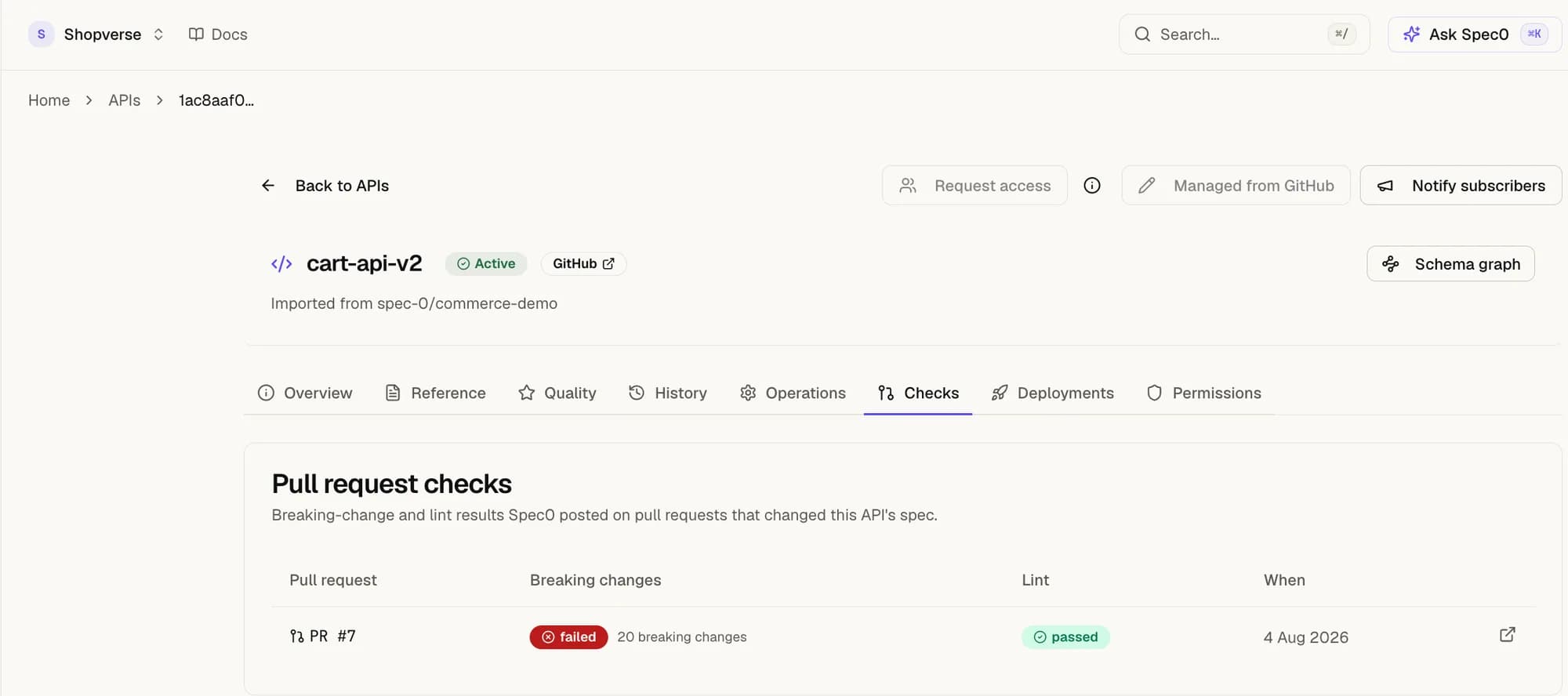 The Checks tab of an API, listing pull request #7 with a failed breaking-change check and a passed lint check.