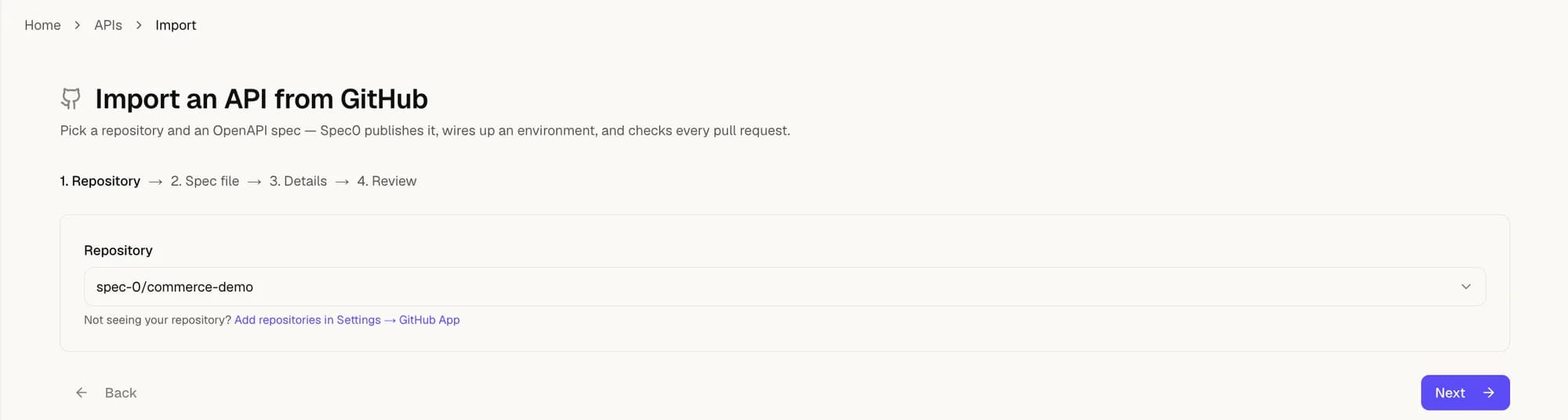 Step 1 of the GitHub import wizard, with a repository selected from a dropdown.