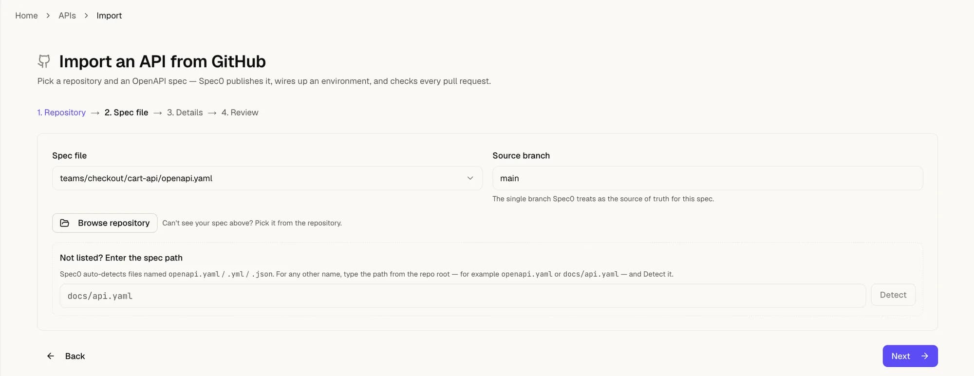 Step 2, showing the detected spec file, a source-branch field, a Browse repository button, and a manual spec-path field.