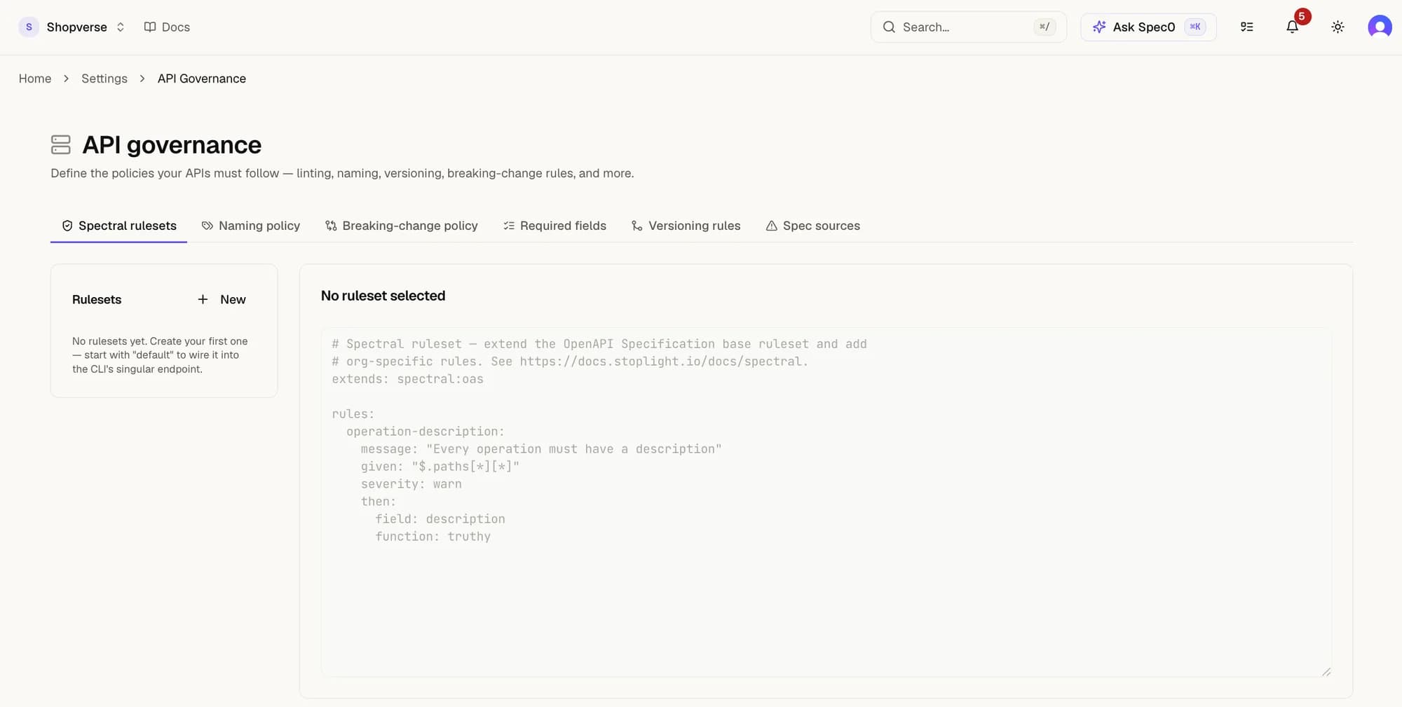 The Spectral rulesets tab of API governance, showing an empty ruleset list beside a starter ruleset template.