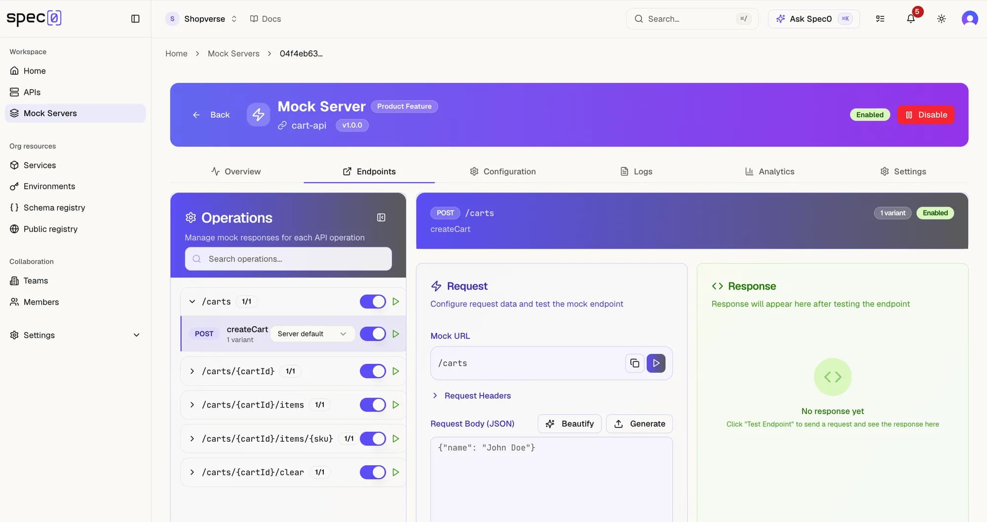 The Endpoints tab of a mock server, with the operation list on the left and a request panel showing the mock URL and a JSON request body.