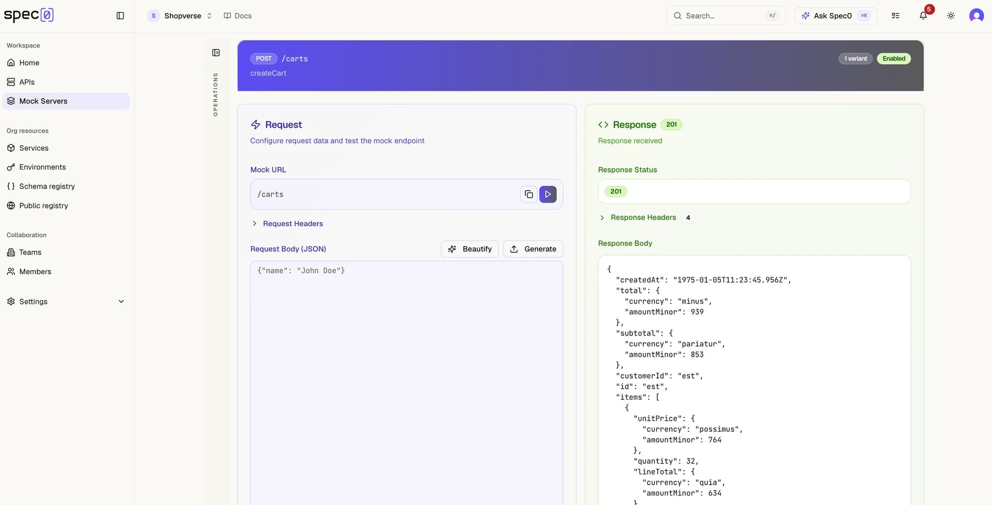 The same endpoint after being tested, showing a 201 response with headers and a generated JSON body.