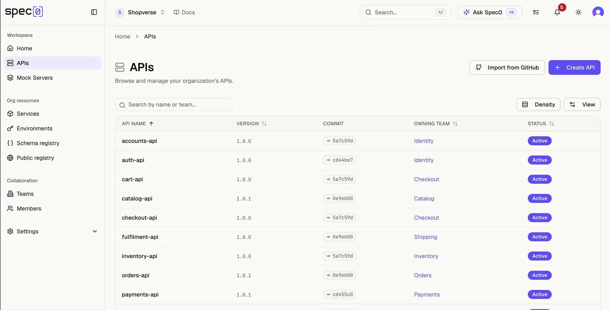 The APIs listing, showing name, version, commit chip, owning team, and status for each API in the organisation.