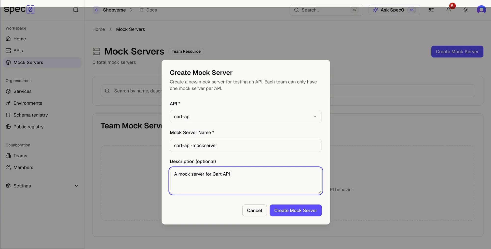The Create Mock Server dialog, with an API selected from a dropdown, a name, and an optional description.