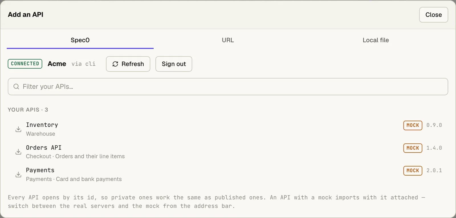 The Add an API dialog on its Spec0 tab, signed in to an organisation, listing three APIs with their versions and a MOCK badge on each.