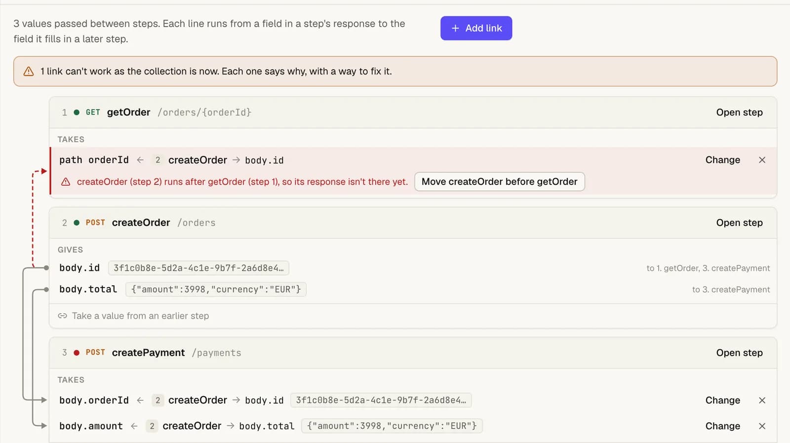 The Chain view with a warning: '1 link can't work as the collection is now.' getOrder now runs before createOrder, so its orderId link is shown in red with a dashed line running upward and a button 'Move createOrder before getOrder'.