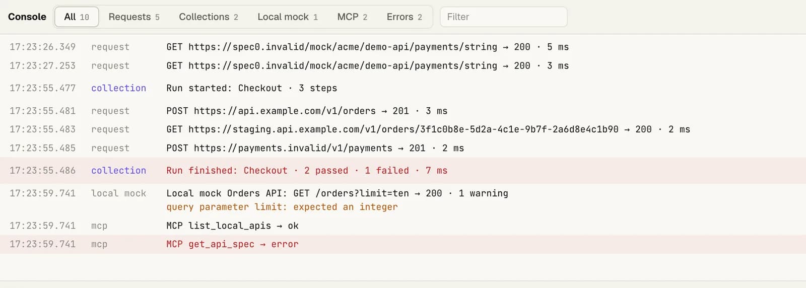 The console with filters for All, Requests, Collections, Local mock, MCP and Errors. Entries show requests with their status and time, a collection run starting and finishing with 2 passed and 1 failed, a local mock request with a warning that a query parameter should be an integer, and two MCP tool calls, one of which failed.