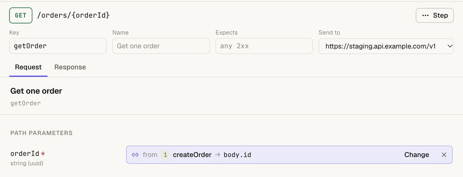 A step's path parameter orderId showing a chip that reads 'from 1 createOrder → body.id', with Change and a remove button.