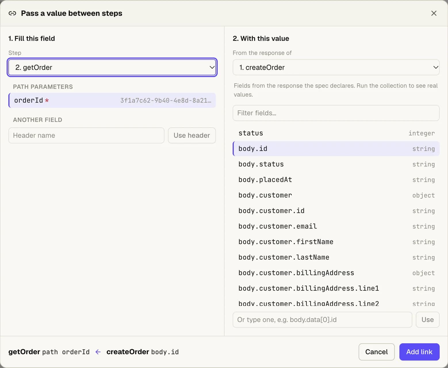 The 'Pass a value between steps' dialog. On the left, step 2 getOrder with its orderId path parameter selected. On the right, step 1 createOrder with body.id selected from a list of response fields. The footer reads 'getOrder path orderId ← createOrder body.id'.