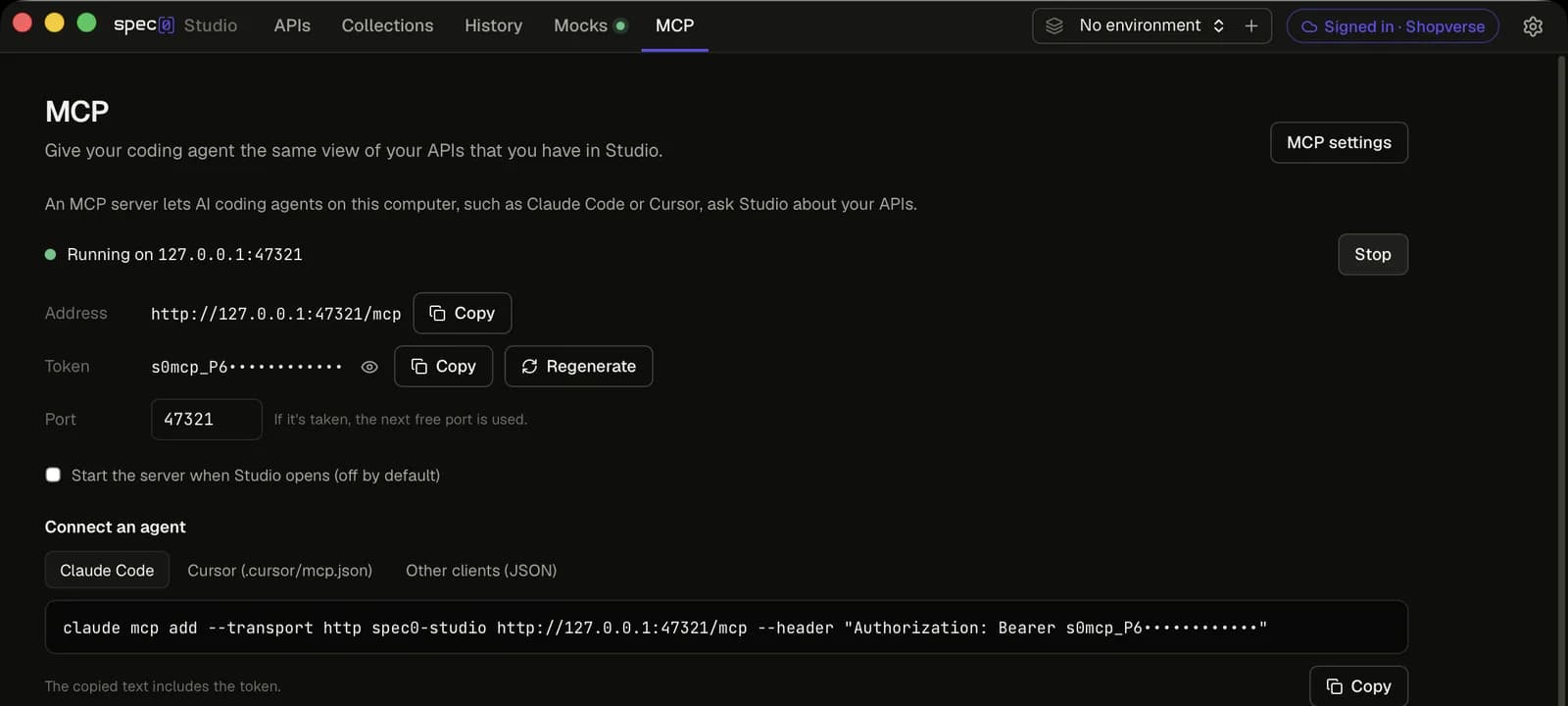 The MCP tab with the server running on 127.0.0.1:47321: the address, a masked token with Copy and Regenerate, the port, and the Claude Code setup command with the token masked.