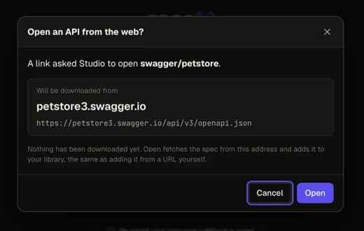 The 'Open an API from the web?' dialog, naming swagger/petstore, showing petstore3.swagger.io as the host it will be downloaded from, with Cancel selected and an Open button.