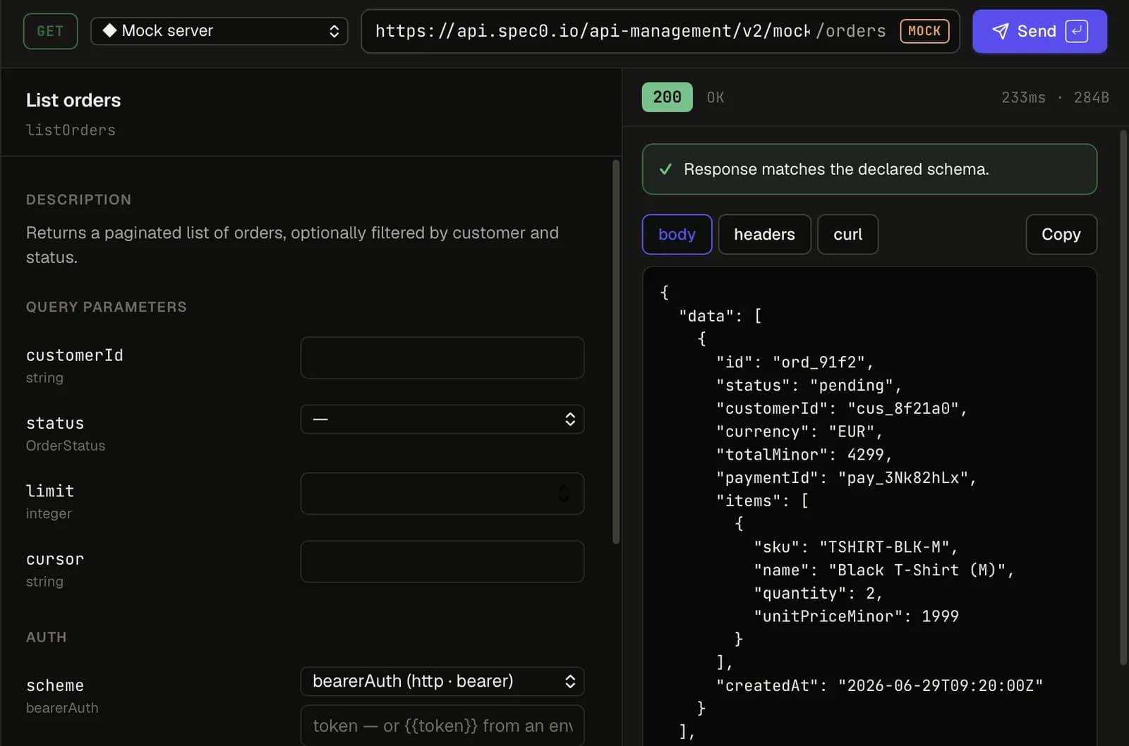 Studio with a GET /orders request from the Orders API: the request editor on the left, and a 200 response on the right with a green 'Response matches the declared schema' check.